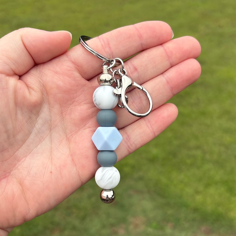 Handmade Silicone Blue and Gray Marble Beaded Keychain